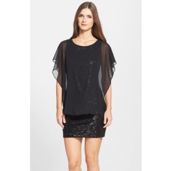 Betsy & Adam Sequin Body-Con Dress w/ Chiffon Cape - Picture 2 of 3